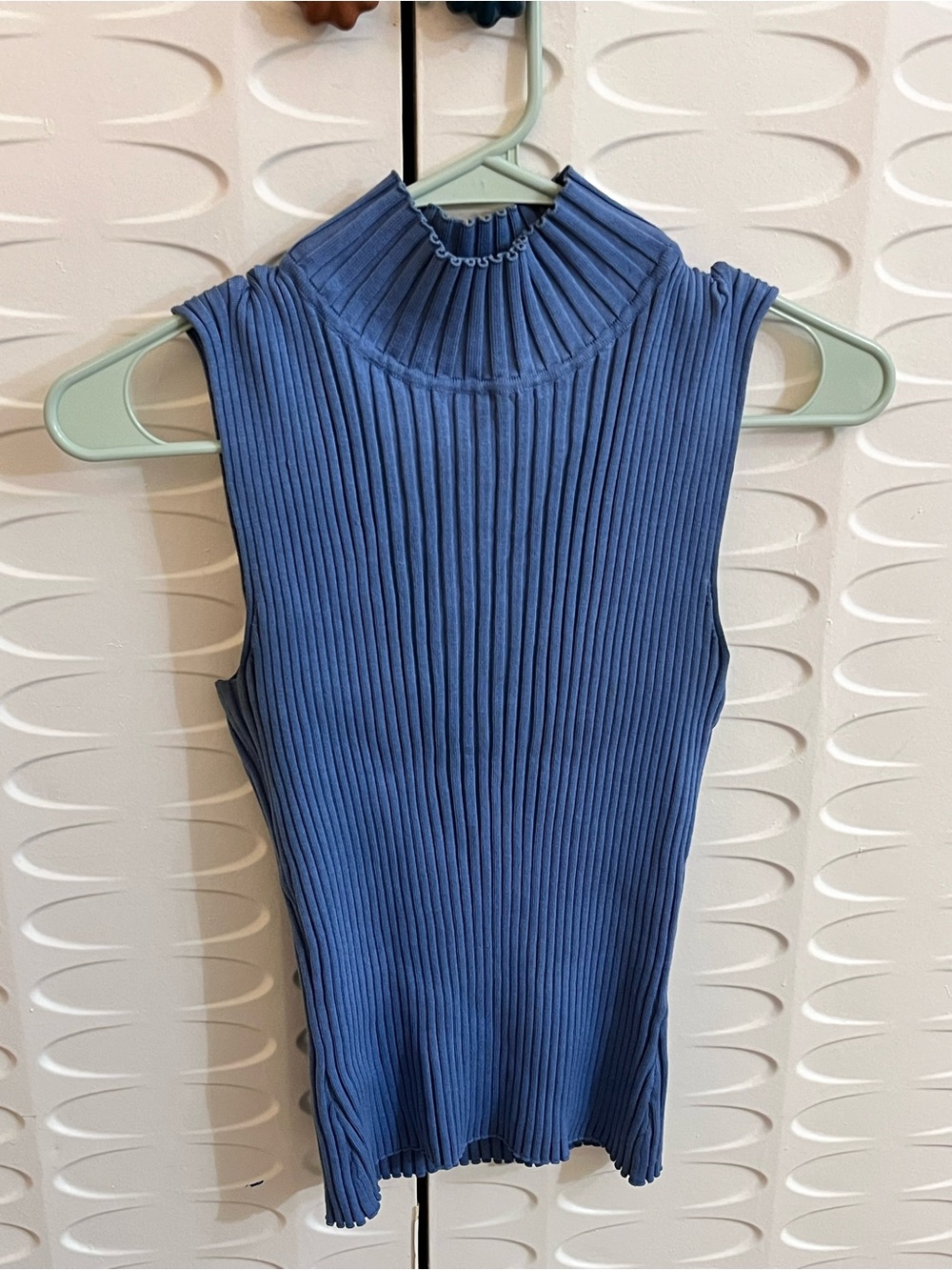 August Silk Knits Large Aegean Blue Ribbed Mock Neck Tank Top